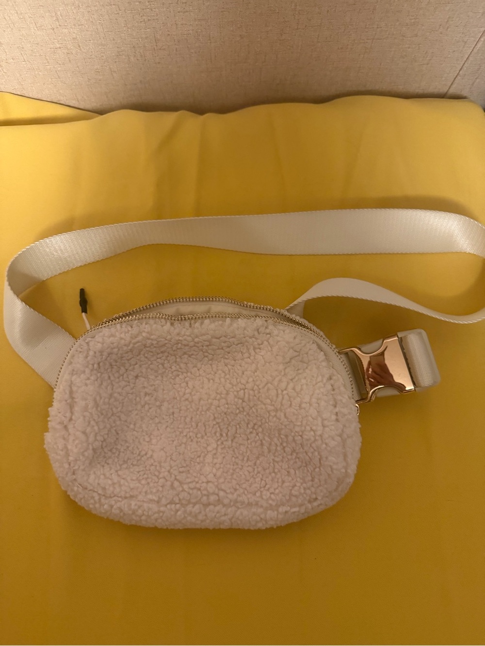 Cream Sherpa Mini Crossbody Belt Bag with White Webbing Strap